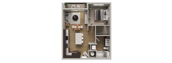 A 3D floor plan of a small apartment with a kitchen, living room, and bathroom.