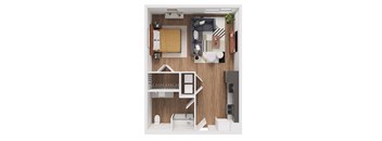 A top-down view of a small apartment with a bed, desk, and kitchenette.