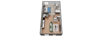 A top-down view of a small apartment with a kitchen, living room, and bathroom.