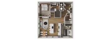 A top-down view of a small apartment with a kitchen, living room, and bedroom.
