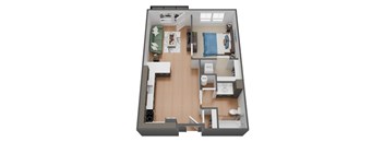 A 3D floor plan of a small apartment with a kitchen, living room, and bedroom.