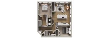 A top-down view of a small apartment layout with a kitchen, living room, and bedroom.