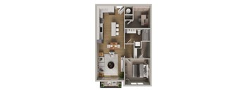 A top-down view of a small apartment layout with a kitchen, living room, and bathroom.