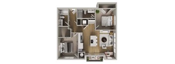 A 3D floor plan of a small apartment with a kitchen, living room, and bathroom.