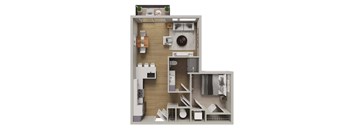 A 3D floor plan of a small apartment with a kitchen, living room, and bathroom.