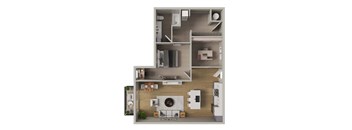 A top-down view of a small apartment layout with a kitchen, living room, and bathroom.