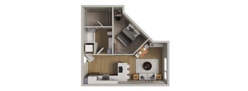 A model of a house with a kitchen and living room.