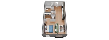 A top down view of a small apartment with a bed, desk, and kitchenette.