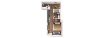 A top down view of a small apartment with a bedroom, living room, and kitchen.