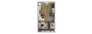 A top-down view of a small apartment with a kitchen, living room, and bathroom.