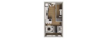 A top-down view of a small apartment with a kitchen, living room, and bathroom.
