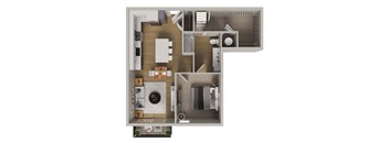 A 3D floor plan of a small apartment with a kitchen, living room, and bathroom.
