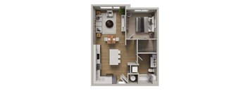 A 3D floor plan of a small apartment with a kitchen, living room, and bathroom.