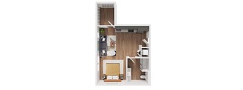 A small room with a bed, chair, and a desk.