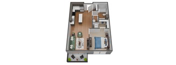 A 3D floor plan of a small apartment with a living room, kitchen, and bedroom.