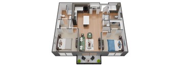 A top-down view of a small apartment with a kitchen, living room, and bedroom.
