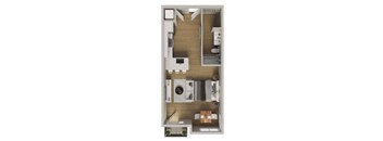 A top down view of a small apartment with a kitchen, living room, and bathroom.