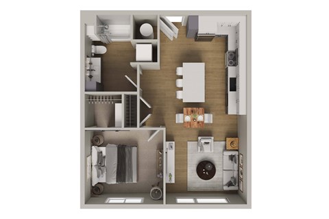 A floor plan of a small apartment with a kitchen, living room, and bathroom.