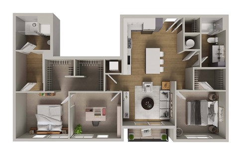 A 3D floor plan of a house with a kitchen, living room, and bathroom.