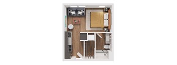 A top-down view of a small, neatly organized bedroom with a bed, desk, and chair.
