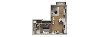 A 3D rendered image of a small apartment layout.