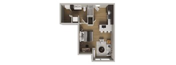 A 3D floor plan of a small apartment with a kitchen, living room, and bathroom.