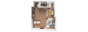 A top-down view of a small apartment with a kitchen, living room, and bathroom.