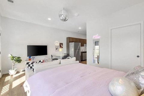 Studio apartment with pink bedding and disco ball at Little Bo Bungalow and Flats Apartments, Omaha, NE