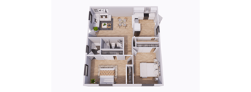 A 3D floor plan of a house with a living room, kitchen, dining room, and bedrooms.