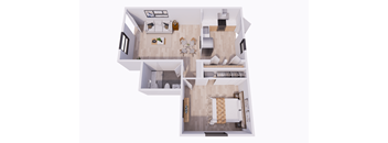 A top down view of a house interior with a living room, dining room, kitchen, and two bedrooms.