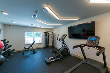 A well-equipped gym with a treadmill, elliptical trainer, and other exercise machines.