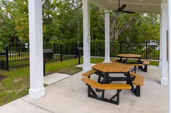 A picnic table under a covered patio.