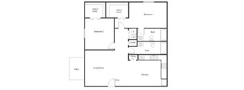 A floor plan of a house with two bedrooms, a living room, a kitchen, and a bathroom.