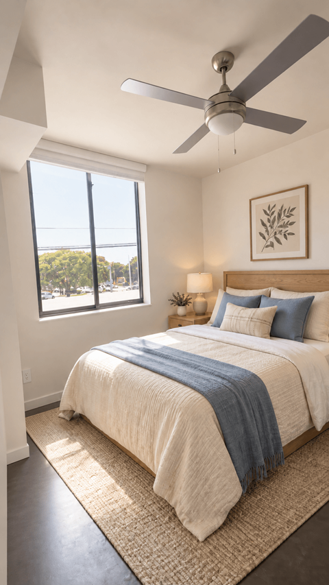 A bedroom with a bed, a ceiling fan at Ambar Station Apartments, Florida