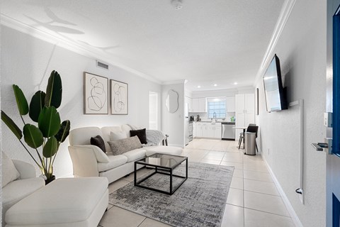 A living room with a white couch and a plant on it.