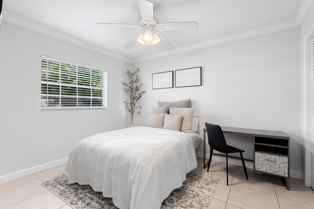 a bedroom with a bed and a desk