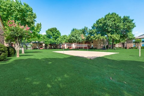 a volleyball court in the middle of a lush green park
