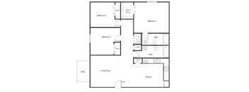 A floor plan of a house with three bedrooms, a living room, a kitchen, and a bathroom.
