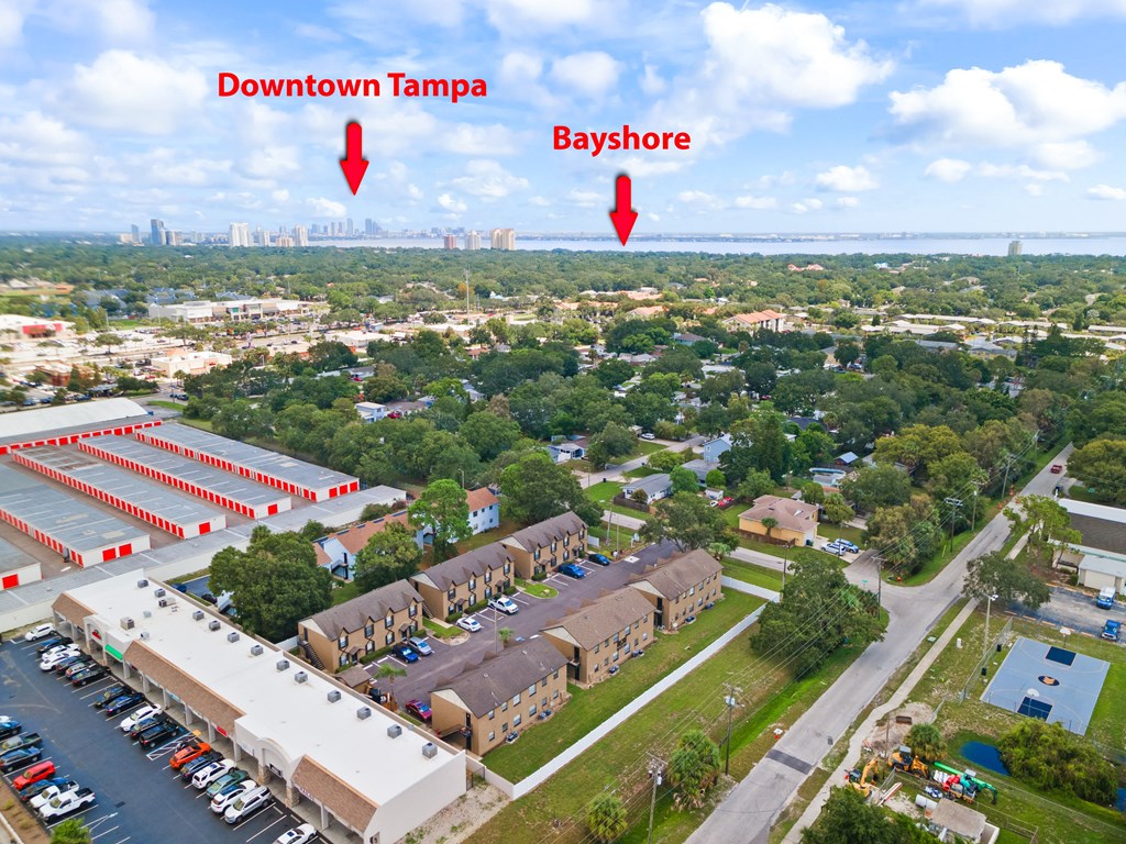 an aerial view of the city of bayshore with the downtown tampa skyline in