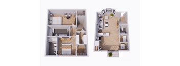 Two floor plan images of a house with a kitchen, living room, bedrooms and bathrooms.