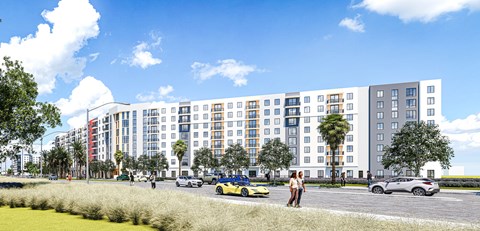 Modern apartment building exterior with parking at Ambar Station Apartments, Homestead, Florida