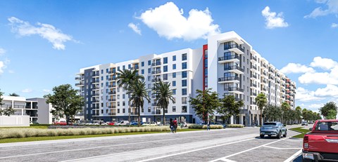 Modern apartment building exterior with parking at Ambar Station Apartments, Homestead