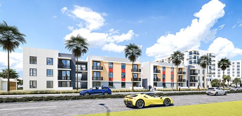 Modern apartment community exterior with palm trees at Ambar Station Apartments, Florida