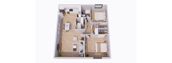 A top-down view of a small apartment with a kitchen, living room, and bedroom.