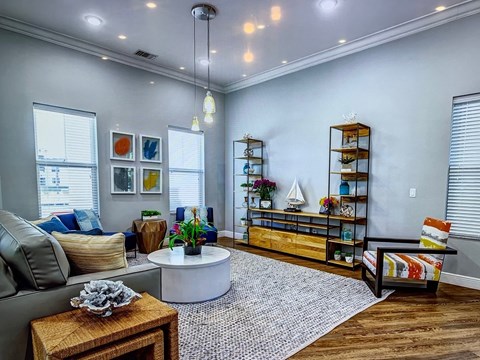 a living room with a couch and a coffee table