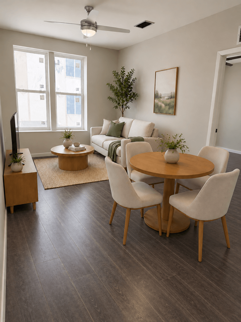 A living room with a wooden table and chairs in model unit at Ambar Station Apartments, Florida.