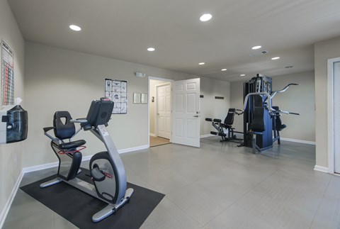 A spacious home gym with a stationary bike and a treadmill.