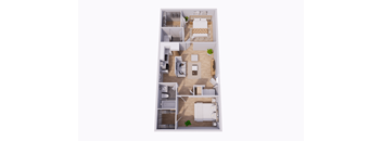 A 3D floor plan of a small apartment with two bedrooms, a living room, a kitchen, and a bathroom.