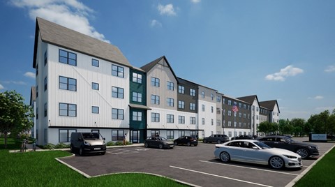 a rendering of an apartment building with cars in a parking lot