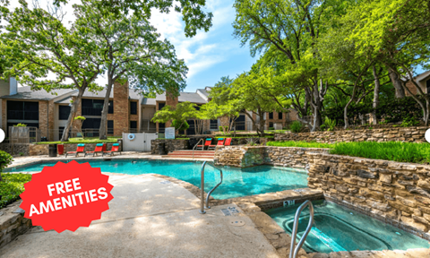 A pool with a sign that says "FREE AMENITIES".